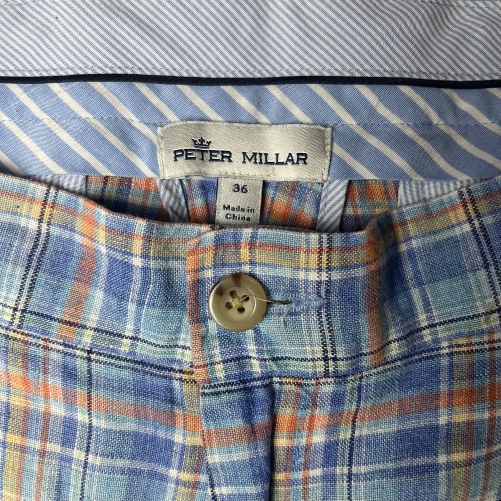 Peter Millar Plaid Shorts Mens 36 Blue Orange 100% Linen Check Flat Front
